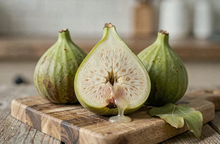Figue pas mûre coupée en deux montrant la sève laiteuse toxique sur une planche en bois rustique