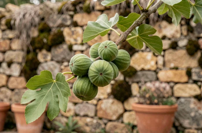 Figues non mûres encore accrochées à un figuier dans un jardin méditerranéen avec feuilles caractéristiques