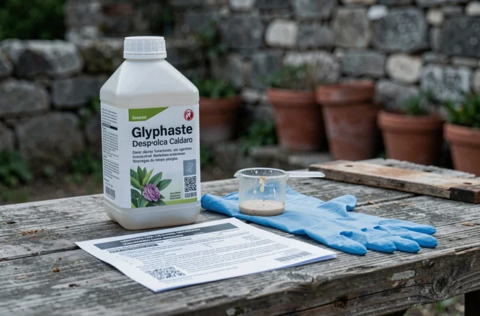 Flacon de glyphosate, fiche de sécurité en portugais et équipements de protection posés sur un établi en bois dans un jardin rural au Portugal