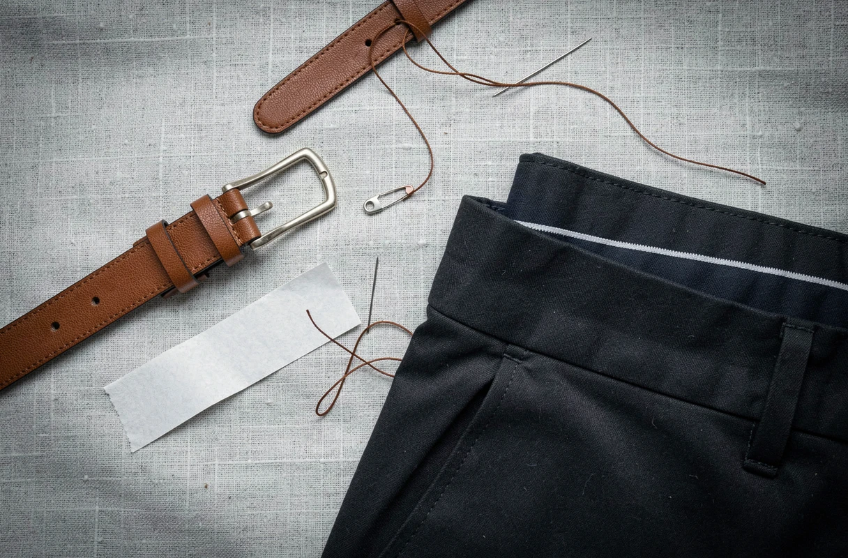 Flat lay présentant une ceinture en cuir, épingle de sûreté et ruban adhésif pour attacher une ceinture sans trou ni passant