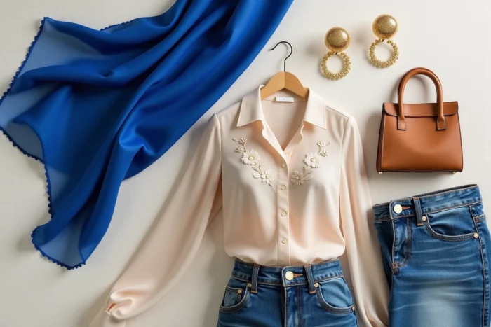 Flat lay de pièces mode tendance 2026 incluant foulard en soie, sac en cuir caramel et jean indigo sur fond lin
