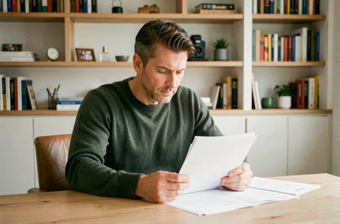 Homme concentré à son bureau à domicile entouré de livres, symbolisant les ambitions secrètes et la réflexion personnelle