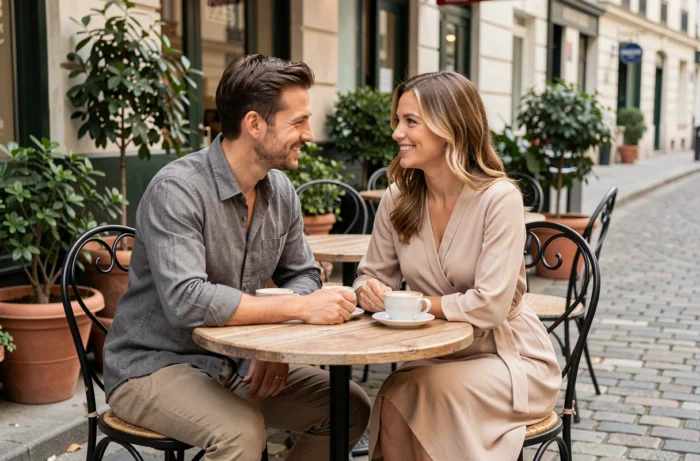 Couple partageant un moment complice en terrasse parisienne, évoquant la vie privée et l'équilibre personnel