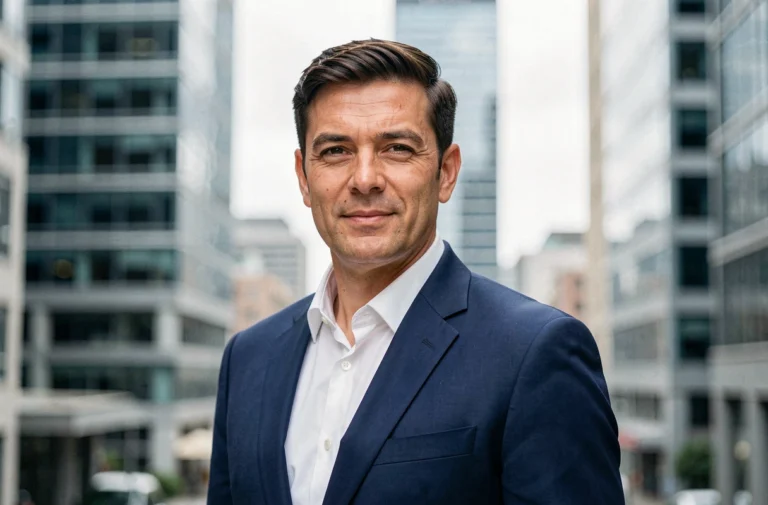 Portrait d'un homme en costume bleu marine devant un décor urbain moderne, illustrant ambition et vie professionnelle
