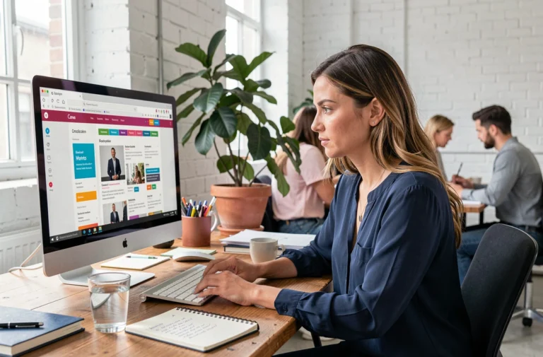 Femme apprenant à utiliser Canva sur ordinateur dans un espace de coworking pour créer des newsletters professionnelles