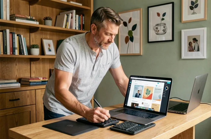 Homme utilisant Canva sur laptop dans un bureau à domicile pour concevoir une newsletter dans le cadre d'une formation CPF
