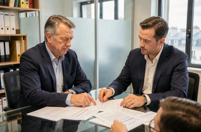 Client discutant des frais de courtier avec un courtier immobilier dans un bureau professionnel à Paris
