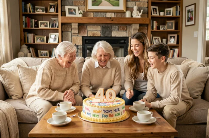 Trois générations réunies autour d'un gâteau humoristique pour célébrer 40 ans de mariage dans un salon familial