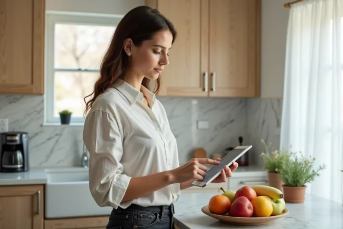 Jeune femme gérant ses annonces Wannonce sur une tablette dans une cuisine moderne
