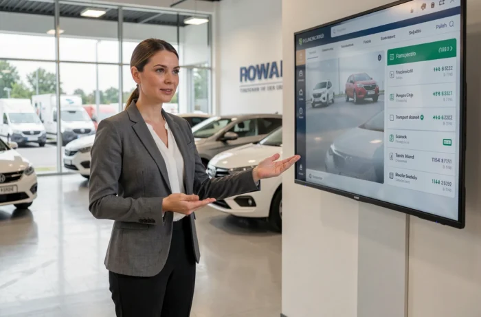 Gestionnaire de flotte automobile présentant un tableau de bord de planification de transport dans une concession moderne