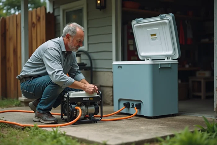 Homme connectant un groupe électrogène portable à un congélateur coffre devant un garage