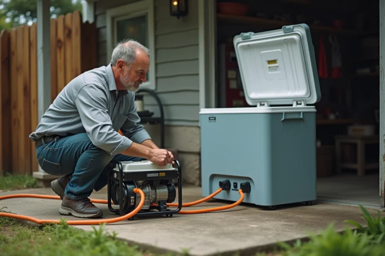 Homme connectant un groupe électrogène portable à un congélateur coffre devant un garage