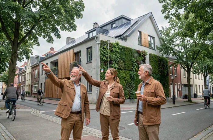 Groupe de professionnels de l'immobilier examinant les caractéristiques écologiques d'un immeuble résidentiel rénové dans un quartier urbain