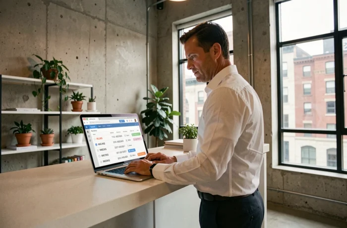 Homme d'affaires consultant une base de données d'identification d'entreprises sur un ordinateur portable dans un bureau de startup