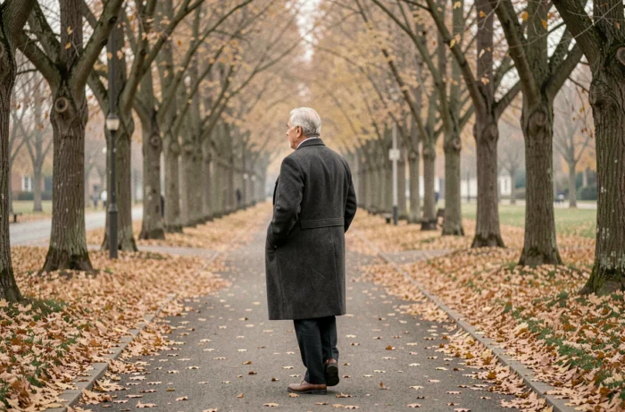Homme marchant seul dans une allée de parc en automne, manteau gris et feuilles mortes, atmosphère introspective et documentaire