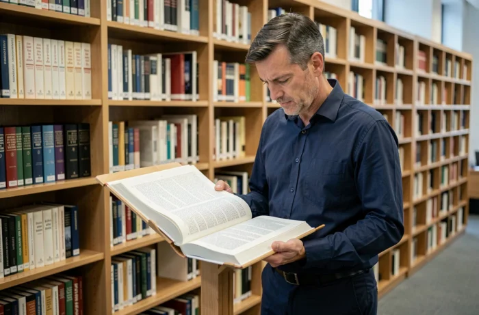 Homme consultant un ouvrage de grammaire française dans une bibliothèque moderne pour vérifier l'orthographe correcte du mot bloquant