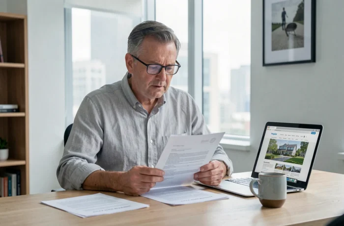 Homme lisant attentivement un contrat de prêt immobilier dans un bureau à domicile moderne