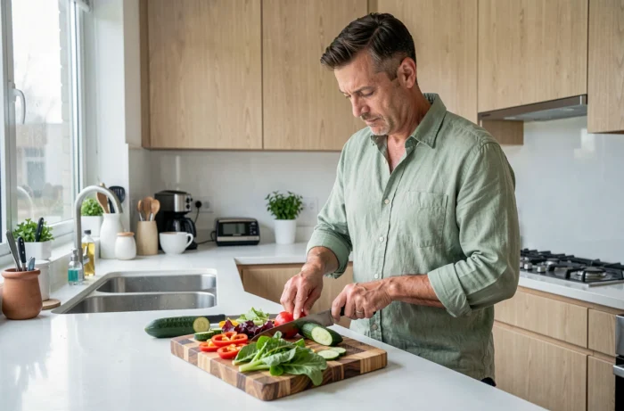 Homme préparant un repas sain avec des légumes frais dans une cuisine moderne pour prendre soin de sa santé au quotidien