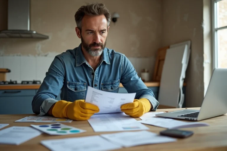 Homme consultant un devis de travaux de rénovation à une table de cuisine avec des échantillons de matériaux et un budget en ligne