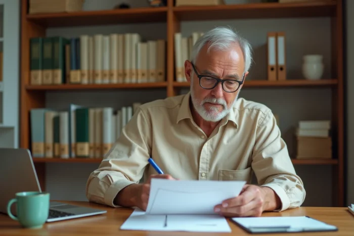 Homme remplissant un formulaire d'avis de réception pour une lettre recommandée R2 à son bureau