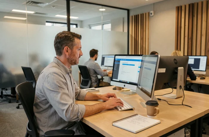 Homme remplissant un formulaire de déclaration d'expertise en ligne dans un espace de coworking moderne