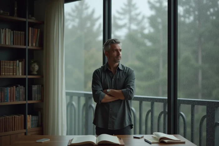 Homme adulte à haut potentiel émotionnel contemplatif près d'une fenêtre pluvieuse dans un bureau minimaliste, symbolisant la richesse intérieure et la sensibilité accrue du HPE