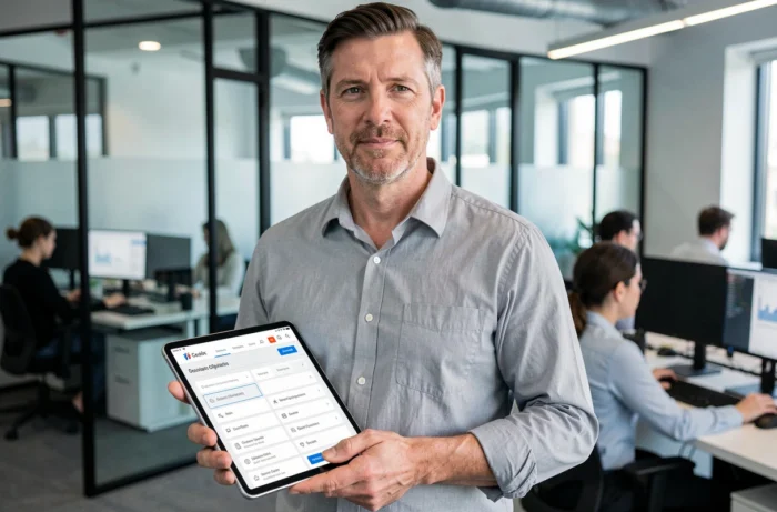 Homme en bureau consultant le plan de navigation du site Lordy's sur une tablette