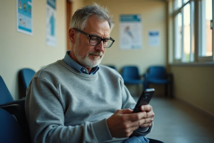 Homme consultant un site de santé sur smartphone dans une salle d'attente médicale