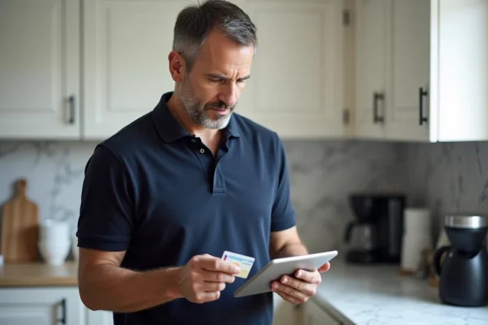 Homme consultant le site officiel pour renouveler son permis de conduire français avec sa tablette