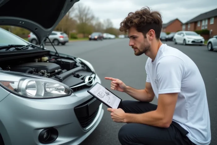 Homme consultant une revue technique automobile en PDF sur tablette devant le capot ouvert d'une voiture