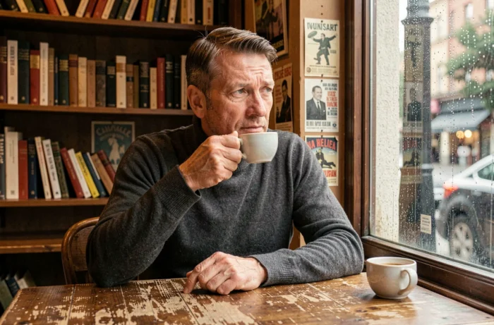 Homme seul attablé dans un café parisien vintage, regard perdu vers une fenêtre sous la pluie, évoquant une figure discrète et mélancolique