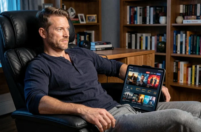 Homme adulte utilisant une tablette pour regarder du contenu en streaming depuis son bureau à domicile