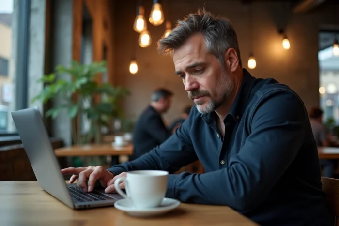 Homme lisant les tendances numériques 2024 sur un ordinateur portable dans un café urbain