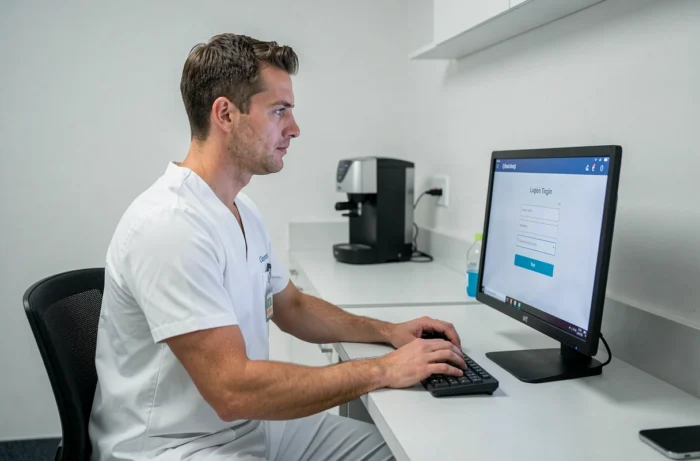 Infirmier en tenue professionnelle se connectant à Netsoins sur un ordinateur de bureau dans une salle de repos médicale
