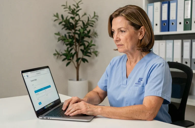 Infirmière en uniforme bleu connectée à l'espace en ligne Netsoins sur un ordinateur portable dans un bureau médical