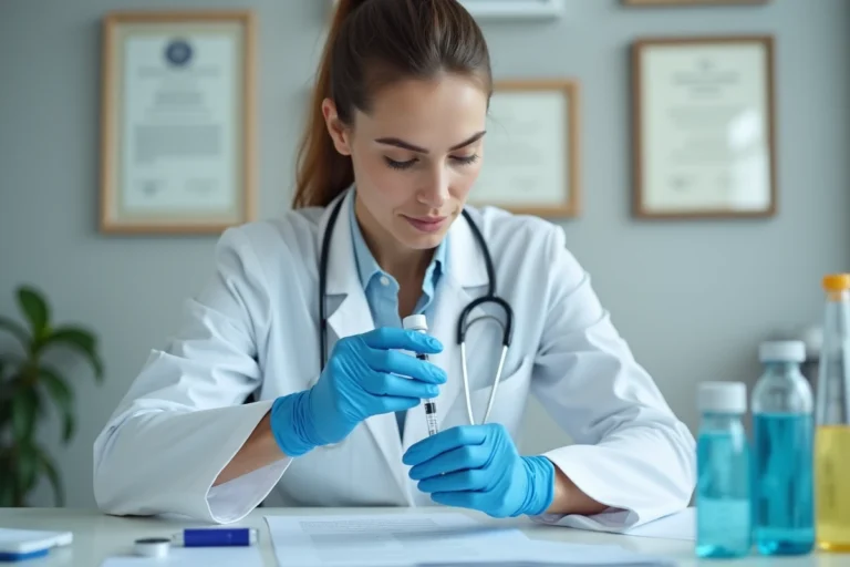 Médecin préparant une injection amincissante dans un cabinet médical moderne et professionnel