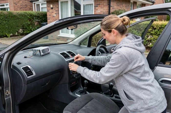 Femme installant un autoradio dans le tableau de bord d'une Peugeot 307 dans une allée résidentielle