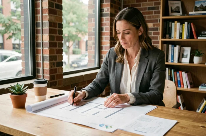 Femme professionnelle analysant des plans d'architecture et des documents sur l'investissement immobilier éthique dans un espace de coworking moderne
