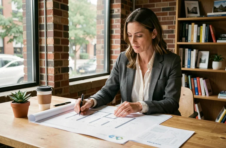Femme professionnelle analysant des plans d'architecture et des documents sur l'investissement immobilier éthique dans un espace de coworking moderne