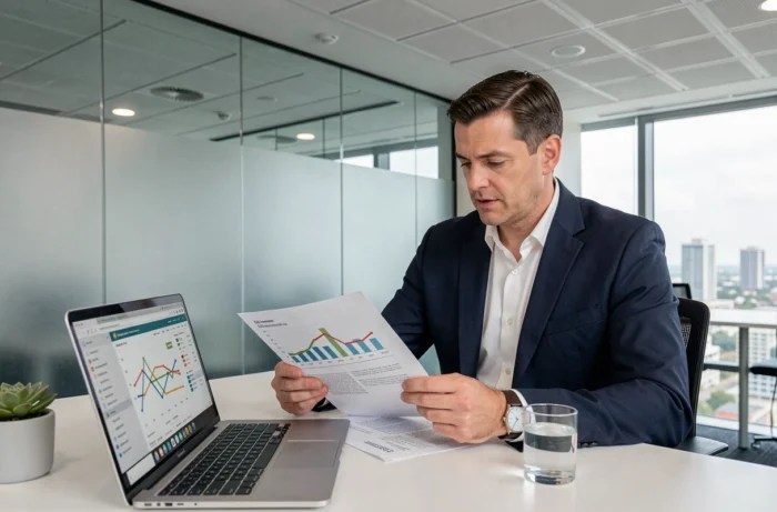 Investisseur immobilier consultant un rapport ESG et des données financières dans une salle de réunion moderne avec vue sur la ville