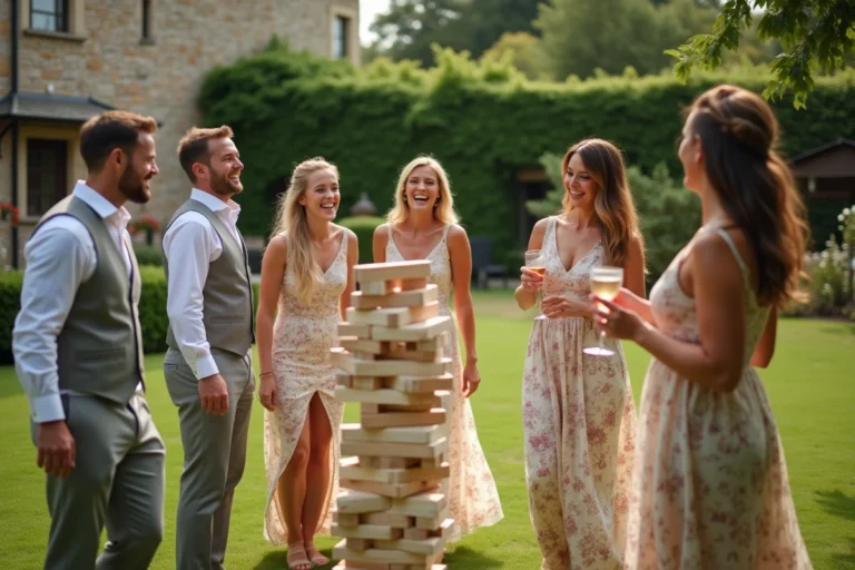 Invités de mariage jouant au Jenga géant pendant la séance photo des mariés en extérieur