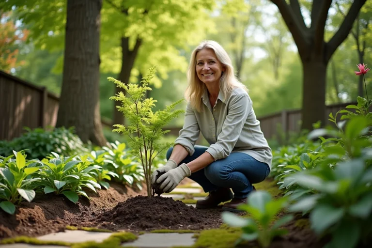 Femme jardinant entourée d'arbres feuillus dans un jardin résidentiel verdoyant au printemps