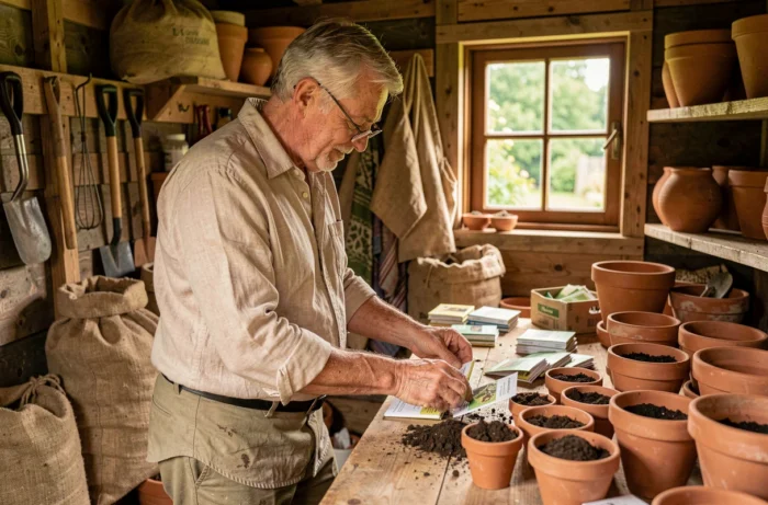 Jardinier dans un abri de jardin organisant des sachets de graines et des pots en terre cuite
