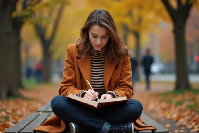Jeune femme hypersensible écrivant dans un journal intime sur un banc de parc en automne, illustrant le besoin d'expression émotionnelle profonde lié au haut potentiel émotionnel