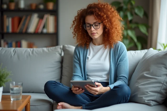 Jeune femme recherchant des informations médicales sur une tablette depuis son salon