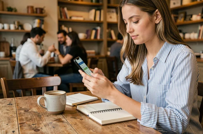 Jeune femme utilisant le plan du site Lordy's sur son smartphone dans un café
