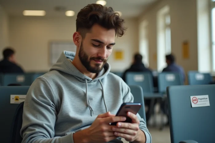 Jeune homme attendant en préfecture avec son dossier et consultant les démarches de renouvellement de permis sur son téléphone