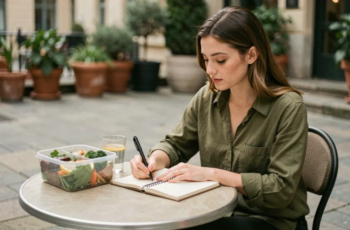 Jeune femme notant son journal alimentaire en terrasse avec un repas équilibré et un verre d'eau, planification d'un régime pour perdre du poids