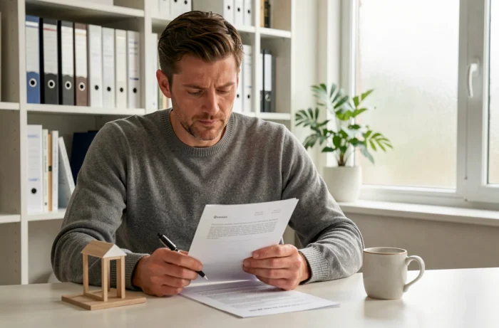 Homme lisant attentivement un contrat de prêt immobilier dans un bureau à domicile moderne et épuré
