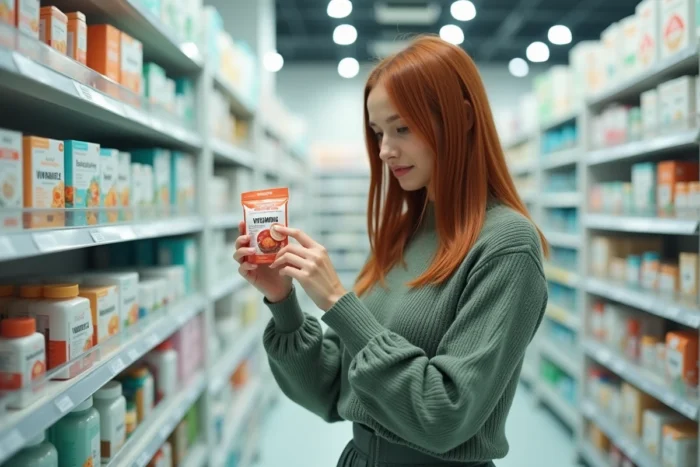 Jeune femme lisant les ingrédients d'un complément capillaire Lashilé en pharmacie pour évaluer les effets secondaires